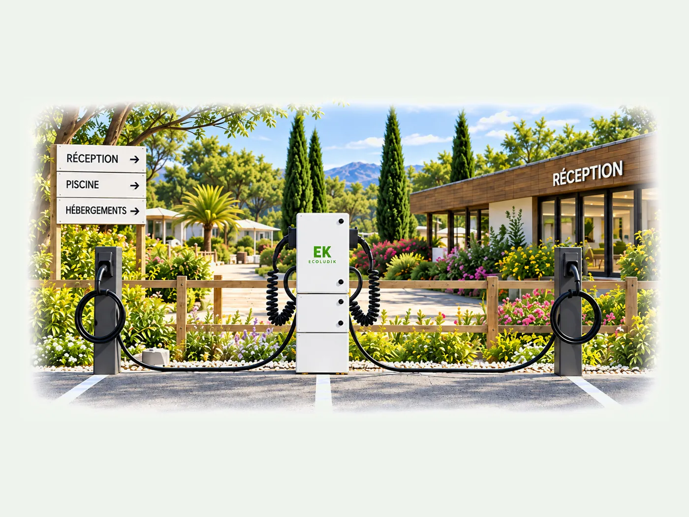 Station de recharge PLUGY 4 à l'entrée d'un camping