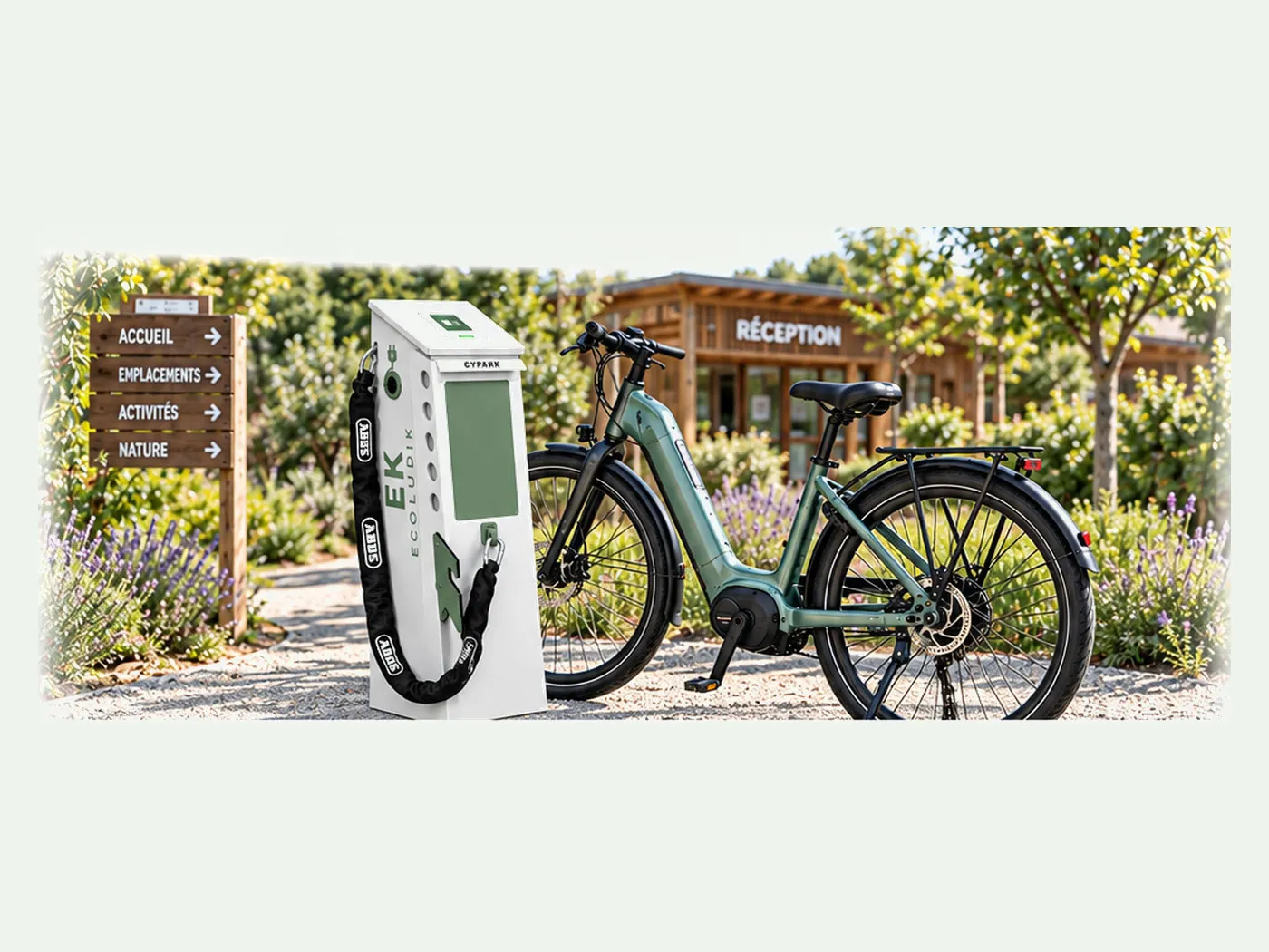 Station pour vélo électrique devant la réception